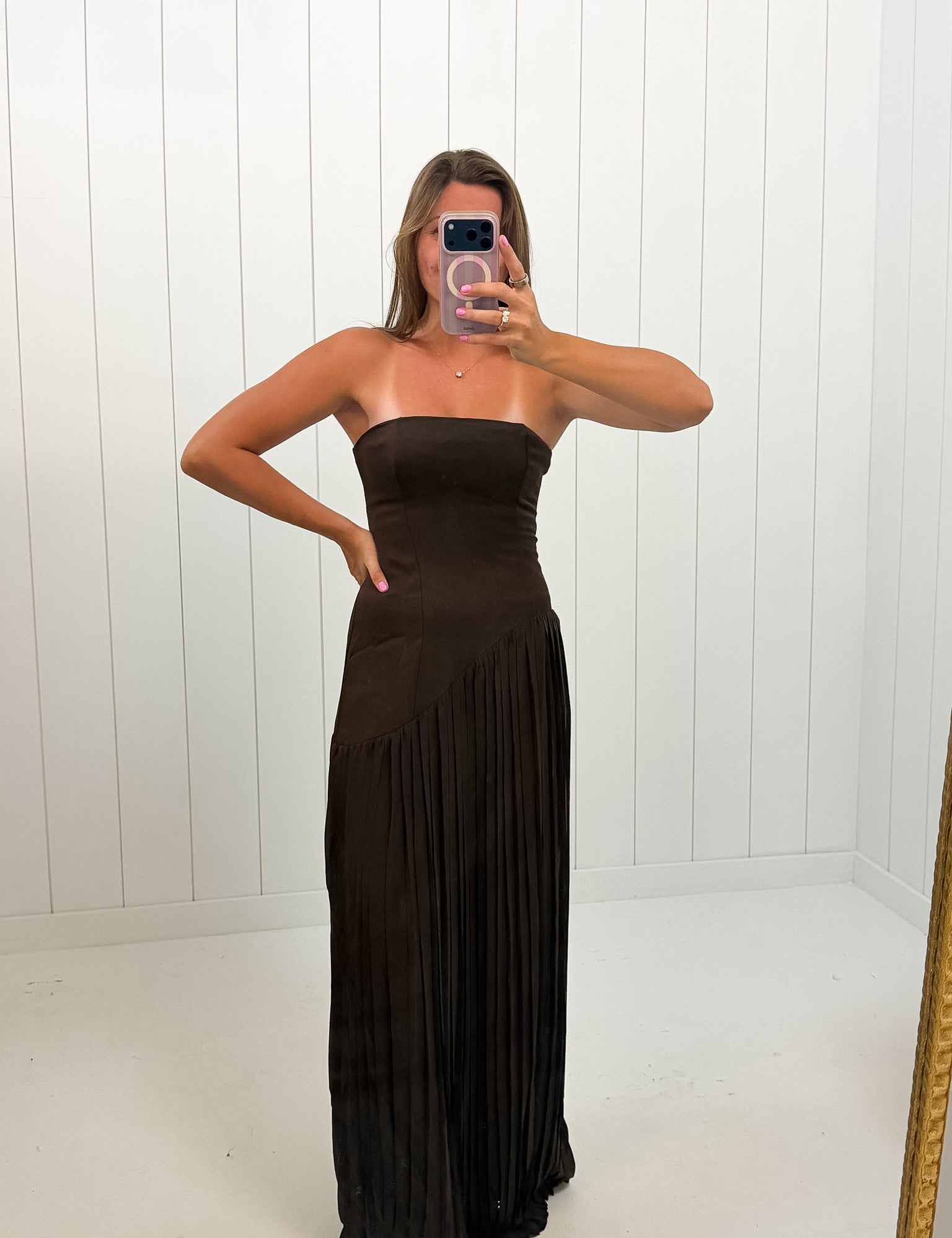 Brown Asymmetrical Pleat Maxi Dress — pleated skirt and asymmetrical skirt