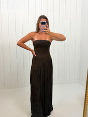 Brown Asymmetrical Pleat Maxi Dress — pleated skirt and asymmetrical skirt