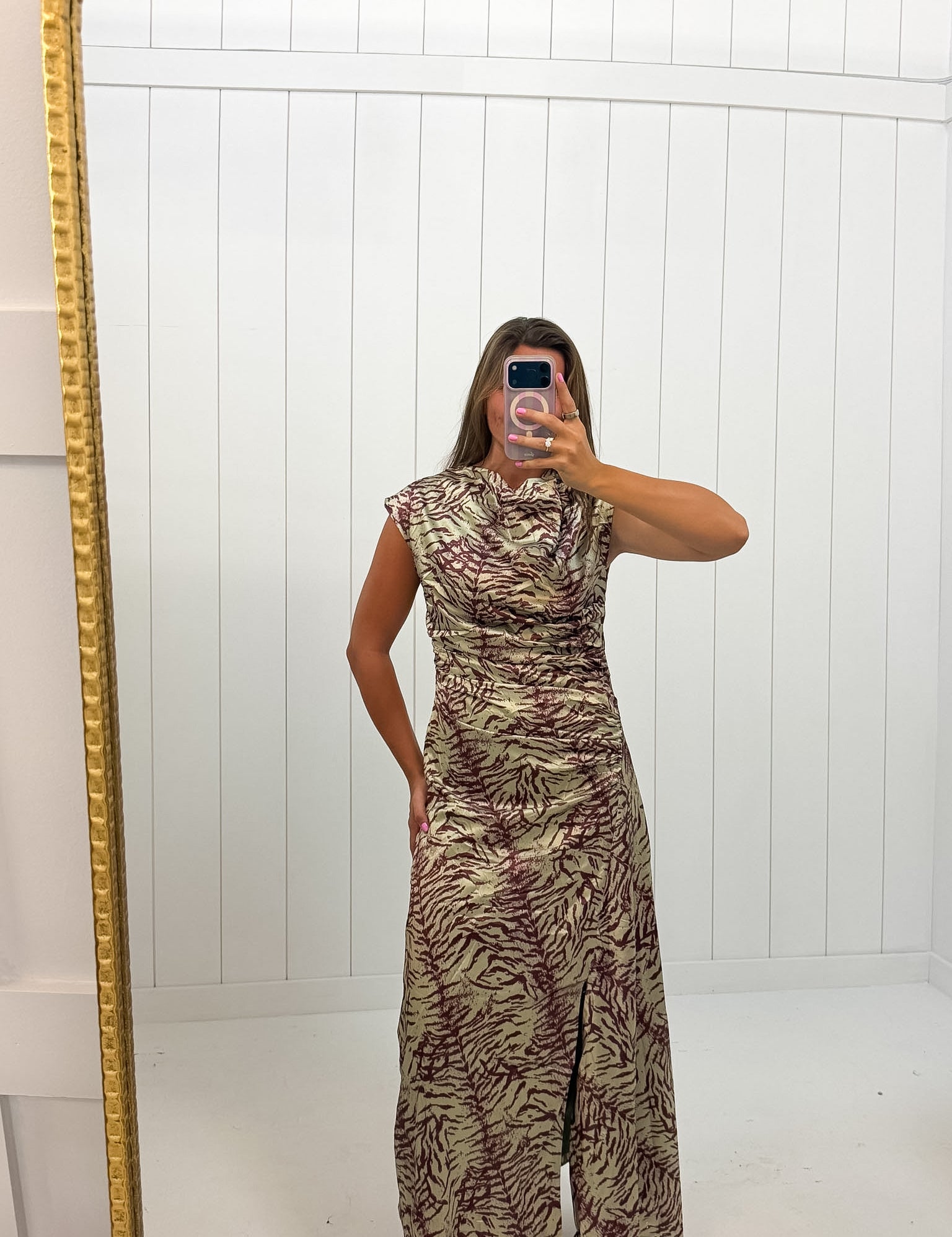 Green Animal Print Maxi Dress — cowl neck and cap sleeves