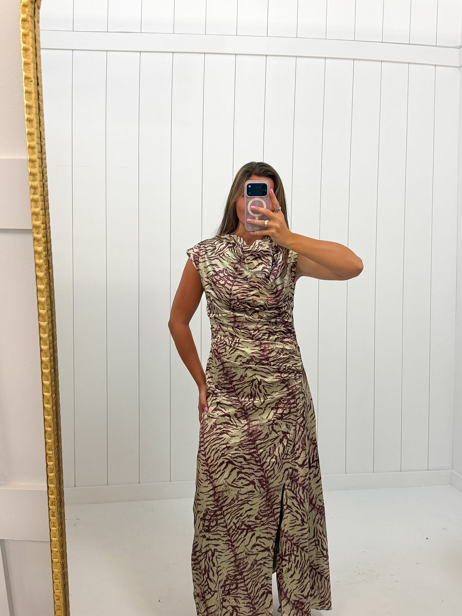Green Animal Print Maxi Dress — cowl neck and cap sleeves