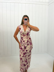 Purple Floral Skirt Set — color: cream with a magenta floral print and sold as a two-piece set