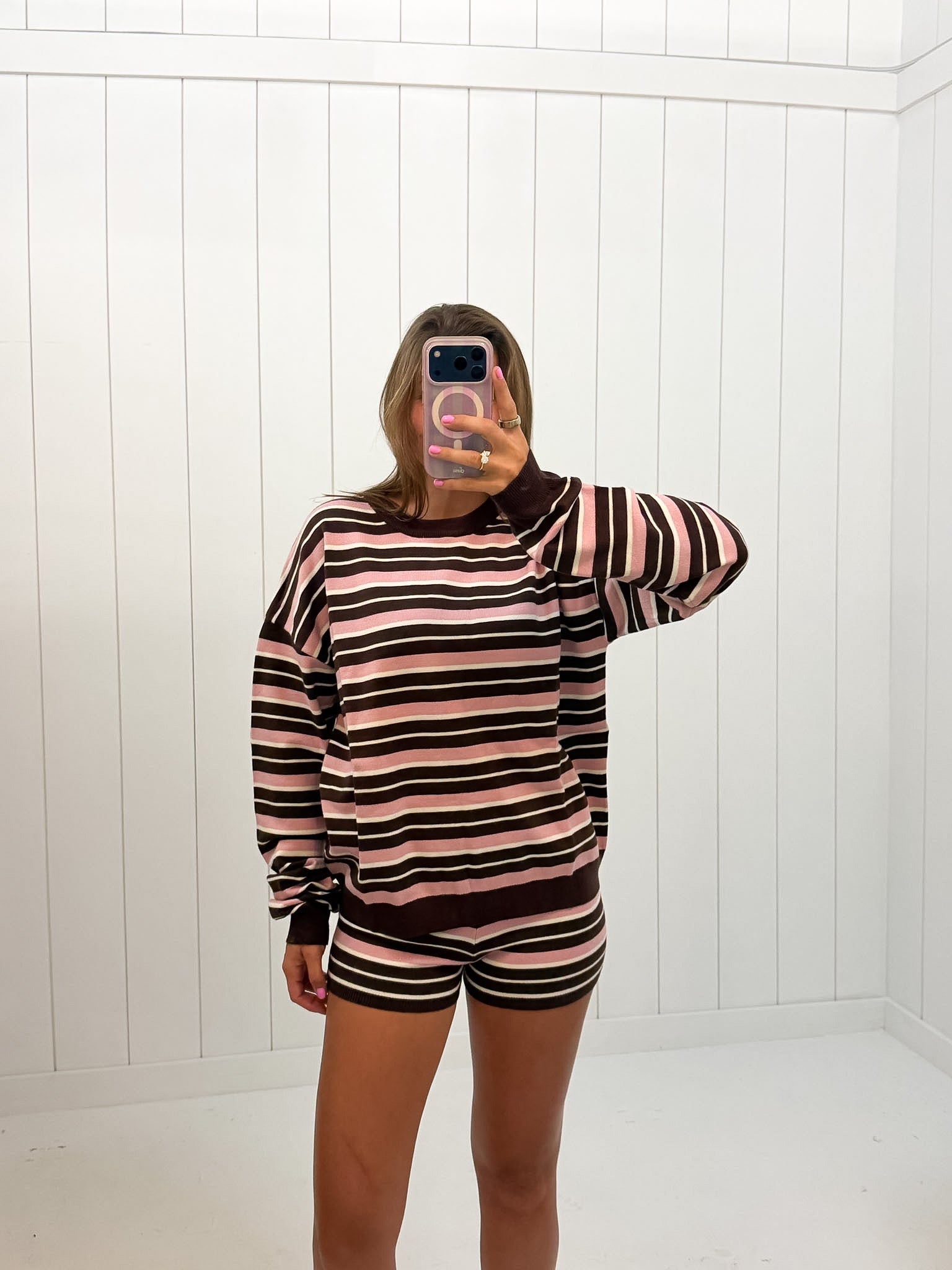 Pink & Brown Stripe Short Set showing color: pink and brown stripe