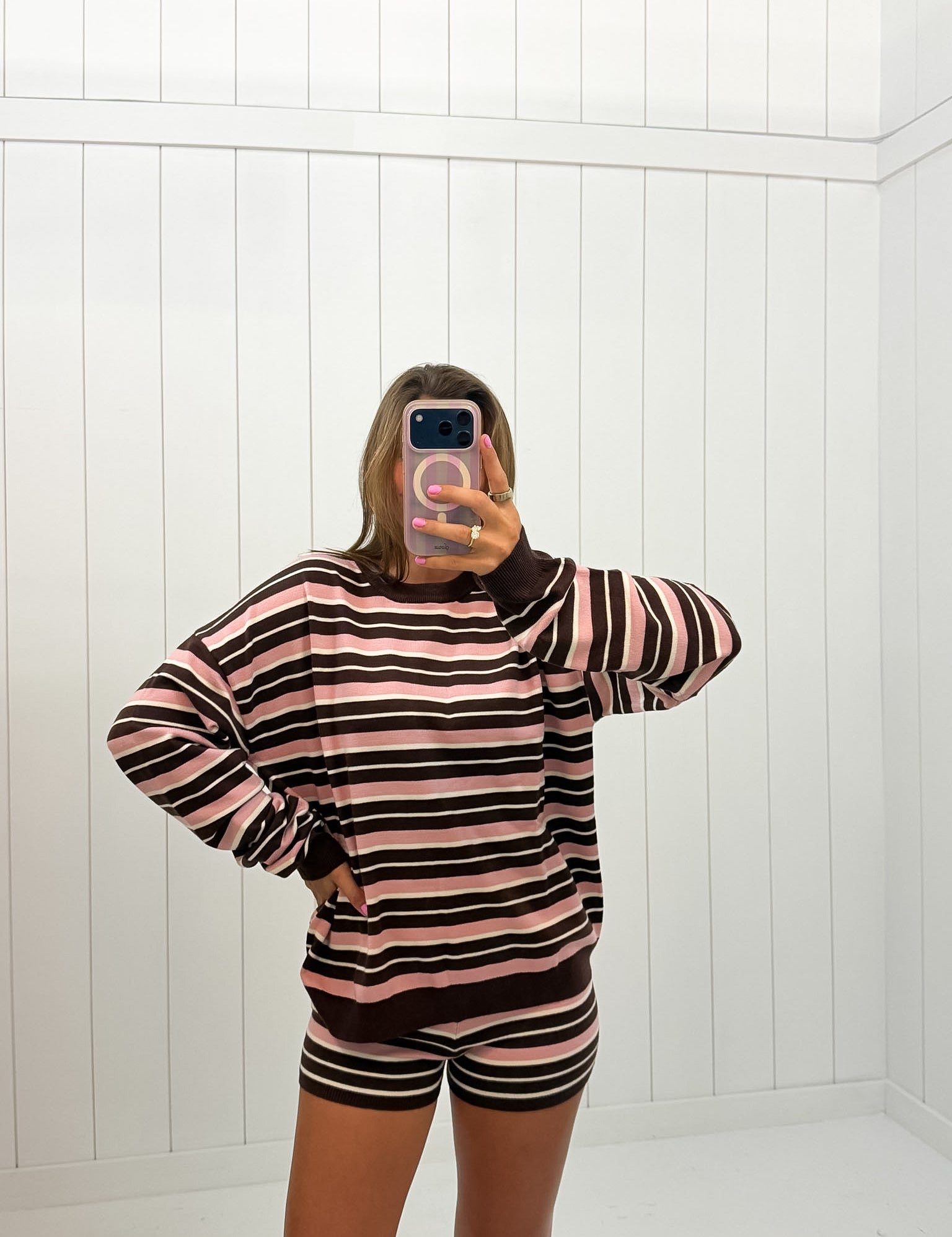 Pink & Brown Stripe Short Set — color: pink and brown stripe and long sleeves