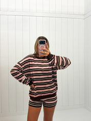 Pink & Brown Stripe Short Set — color: pink and brown stripe and long sleeves