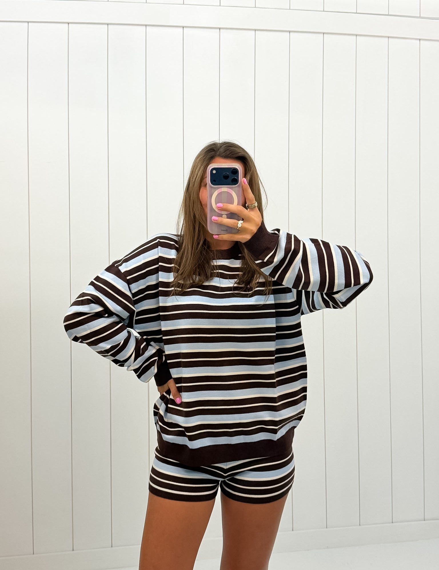 Blue & Brown Stripe Short Set — color: blue and brown stripe and long sleeves