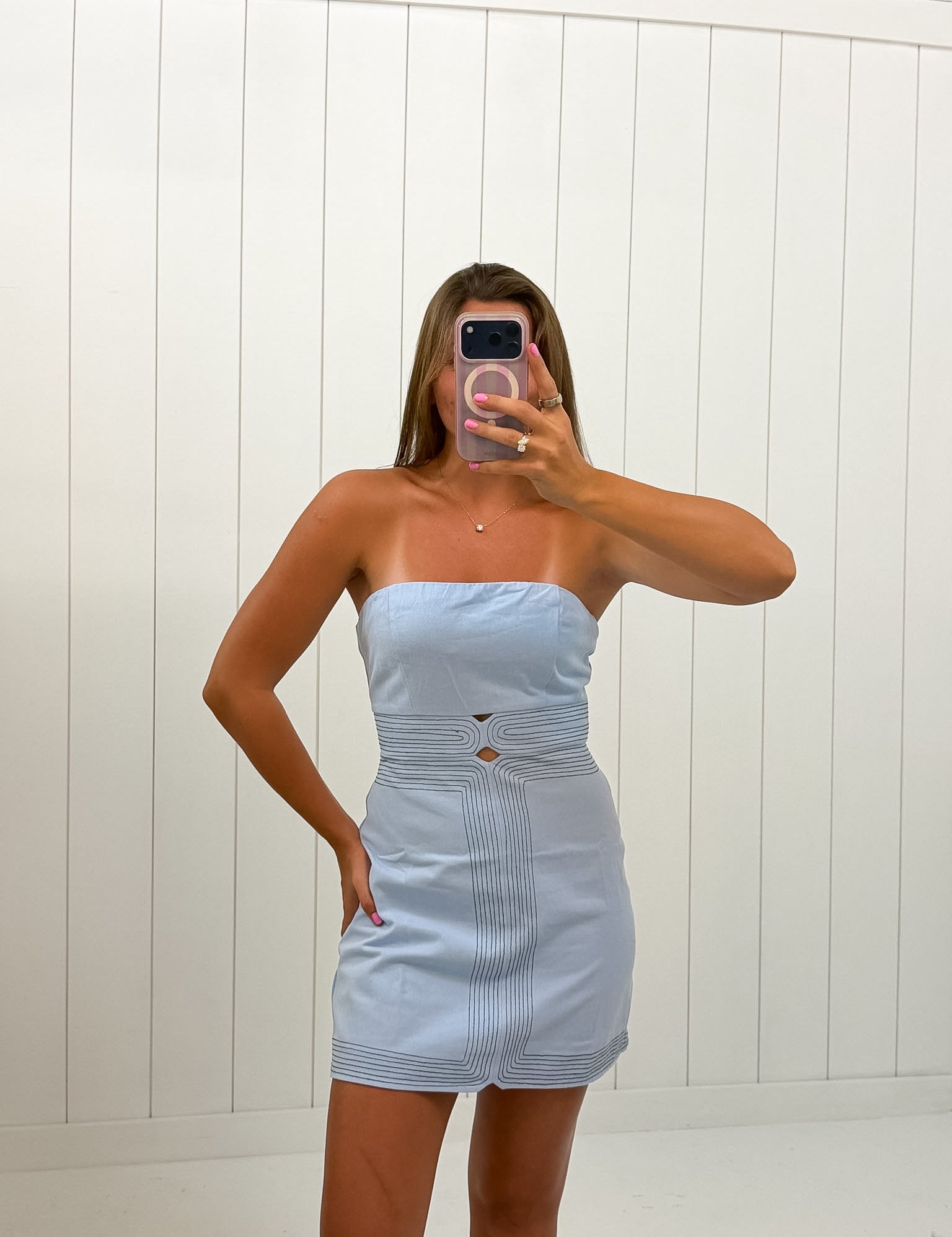 Light Blue Detail Strapless Mini Dress — strapless mini dress and center-front keyhole cut-out at the waist