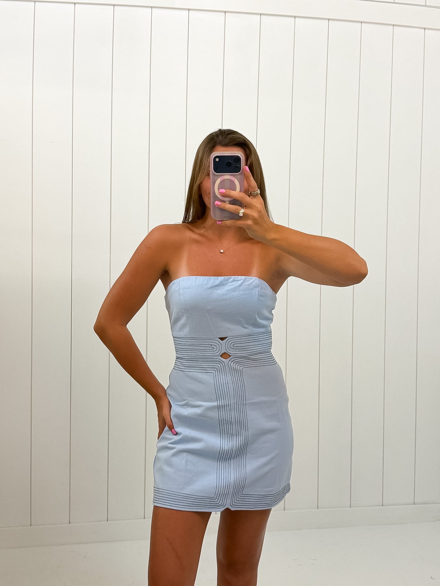 Light Blue Detail Strapless Mini Dress — strapless mini dress and center-front keyhole cut-out at the waist