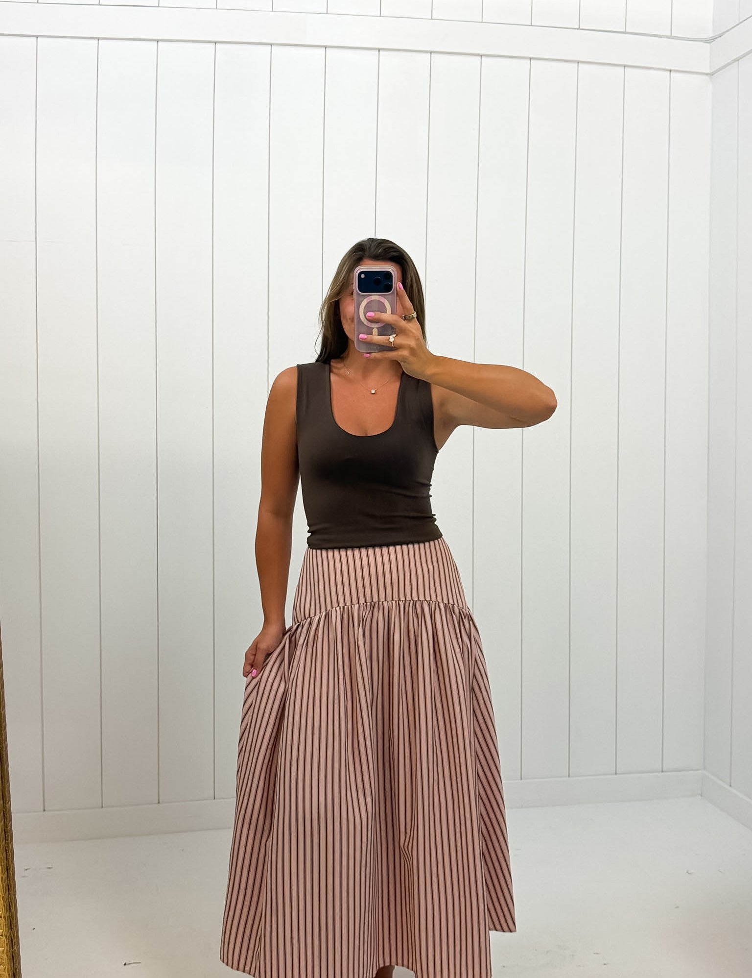 Pink & Brown Striped Maxi Skirt showing color: light pink and brown stripe