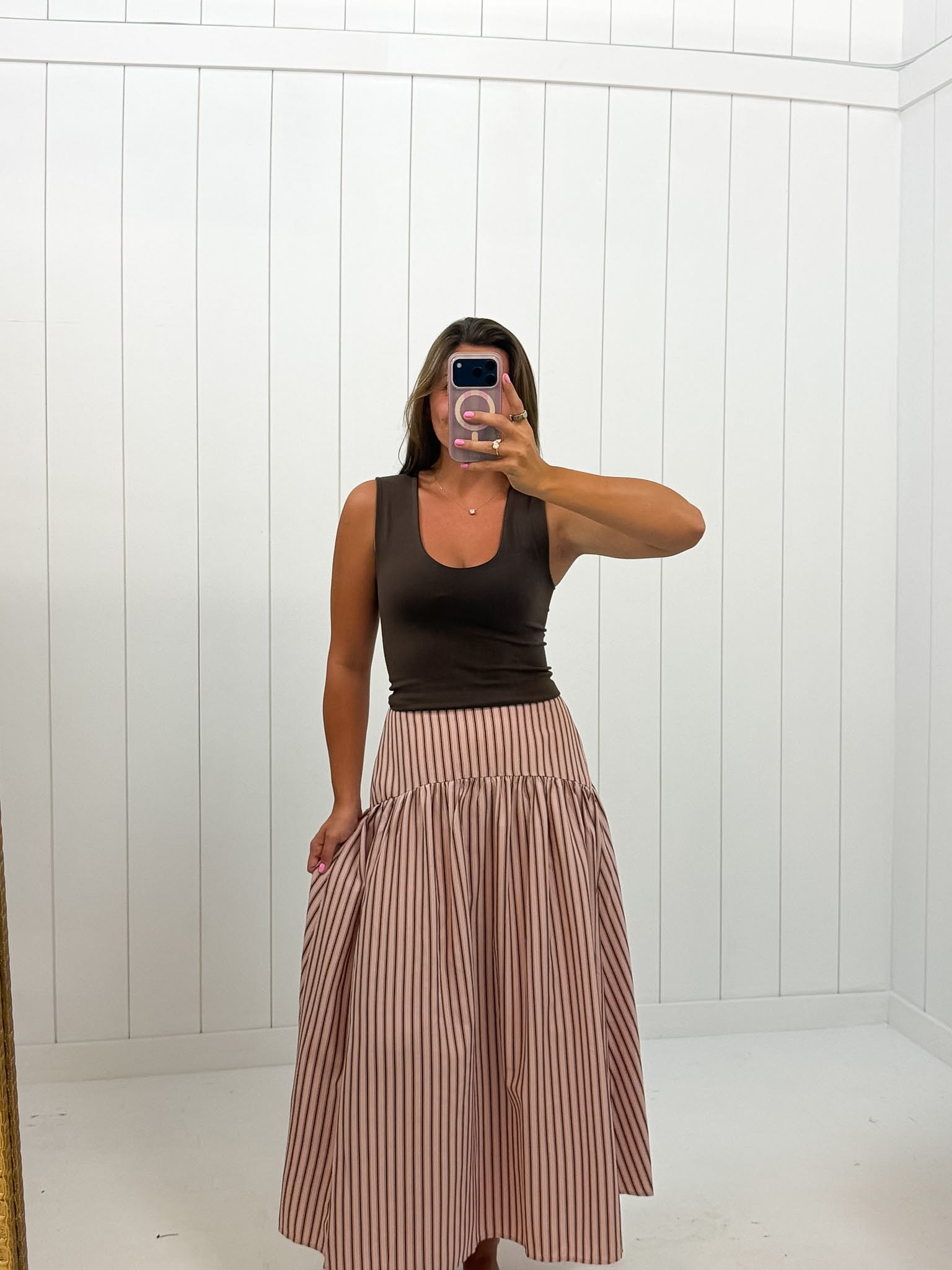 Pink & Brown Striped Maxi Skirt showing color: light pink and brown stripe