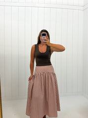 Pink & Brown Striped Maxi Skirt showing color: light pink and brown stripe