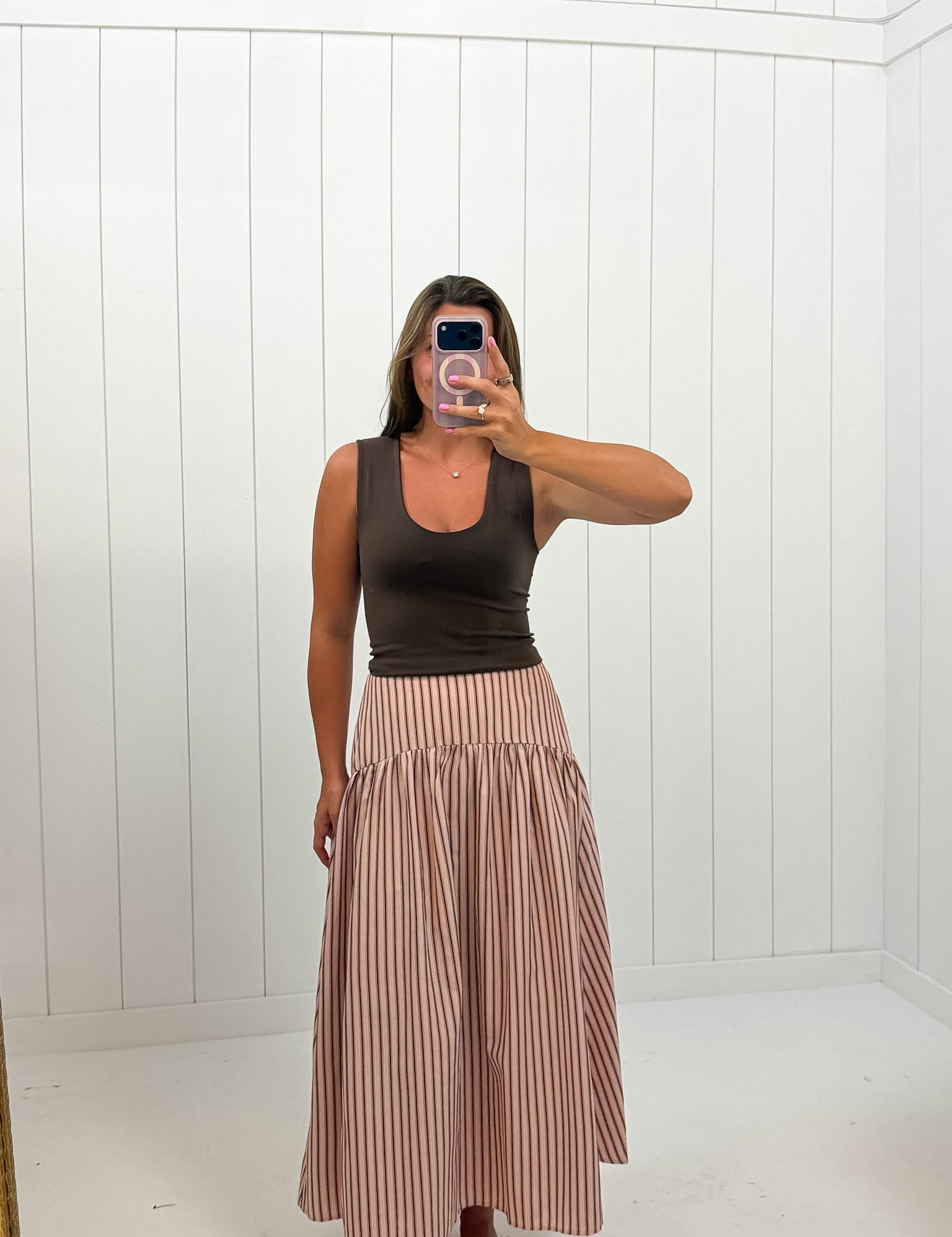 Pink & Brown Striped Maxi Skirt — color: light pink and brown stripe and striped pattern
