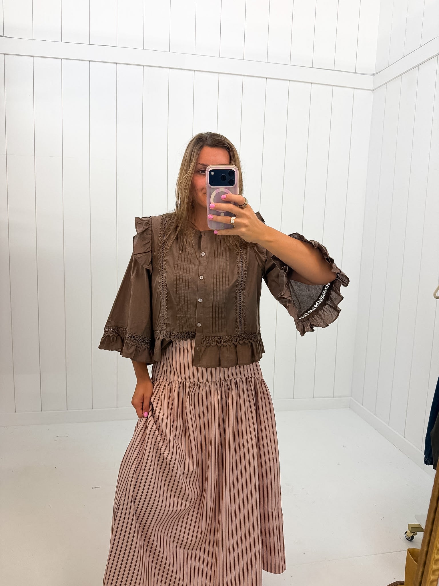 Pink & Brown Striped Maxi Skirt showing striped pattern
