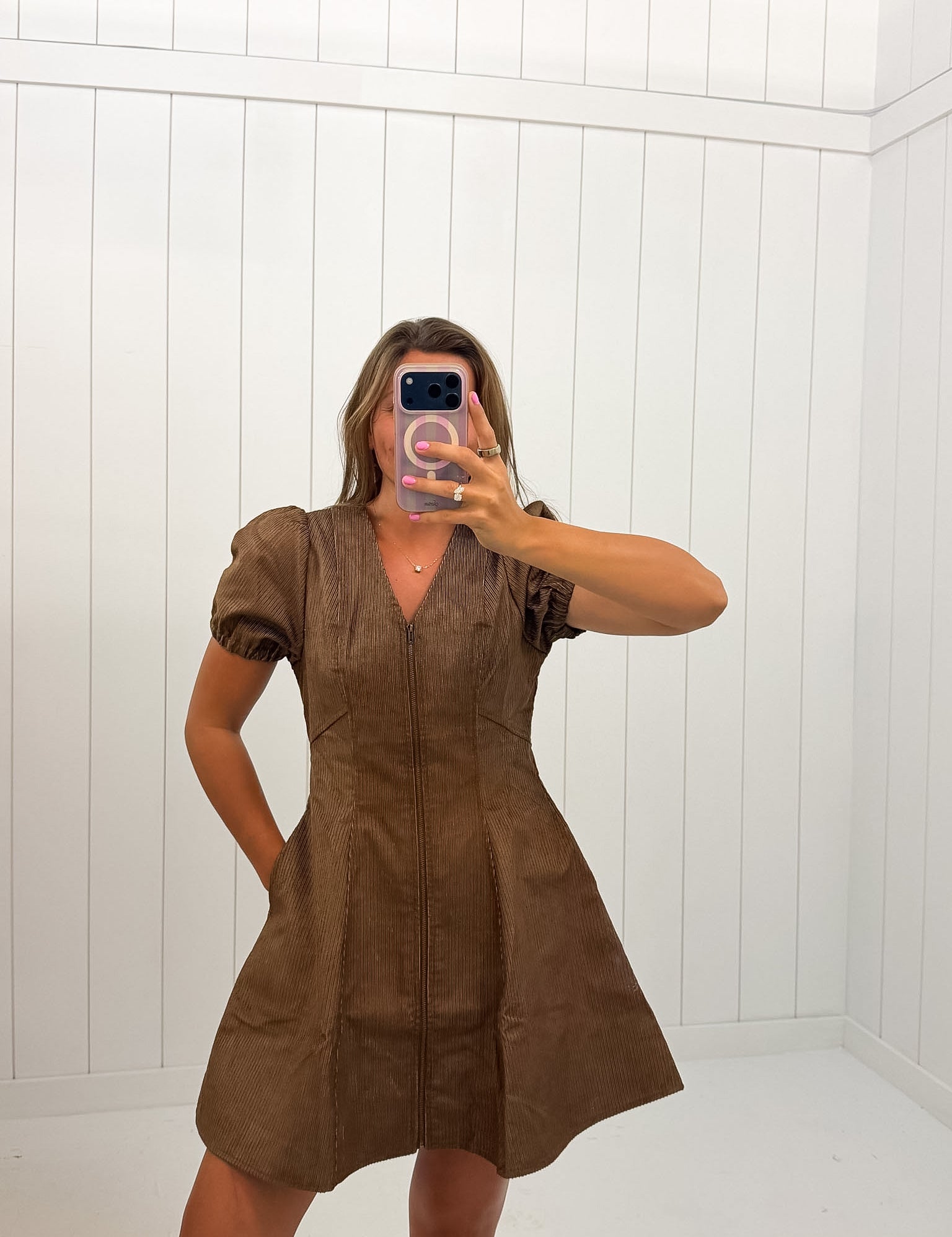 Corduroy Puff Sleeve Mini Dress — front zipper and corduroy