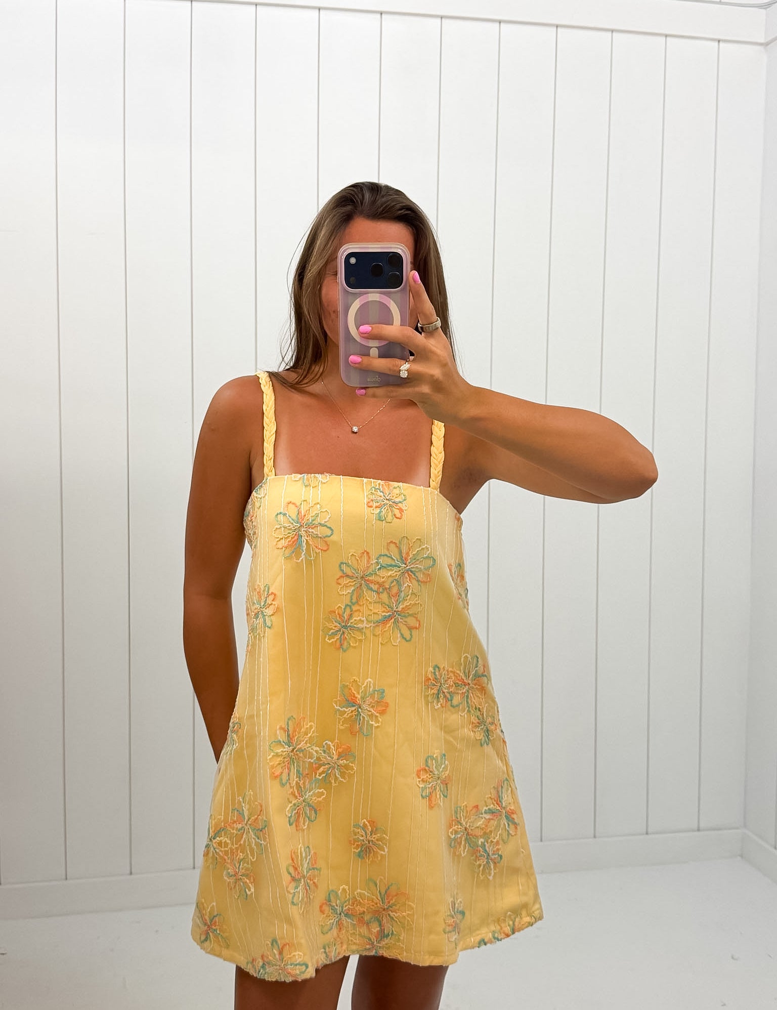 Yellow Lace Mini Dress — square neckline and braided spaghetti straps