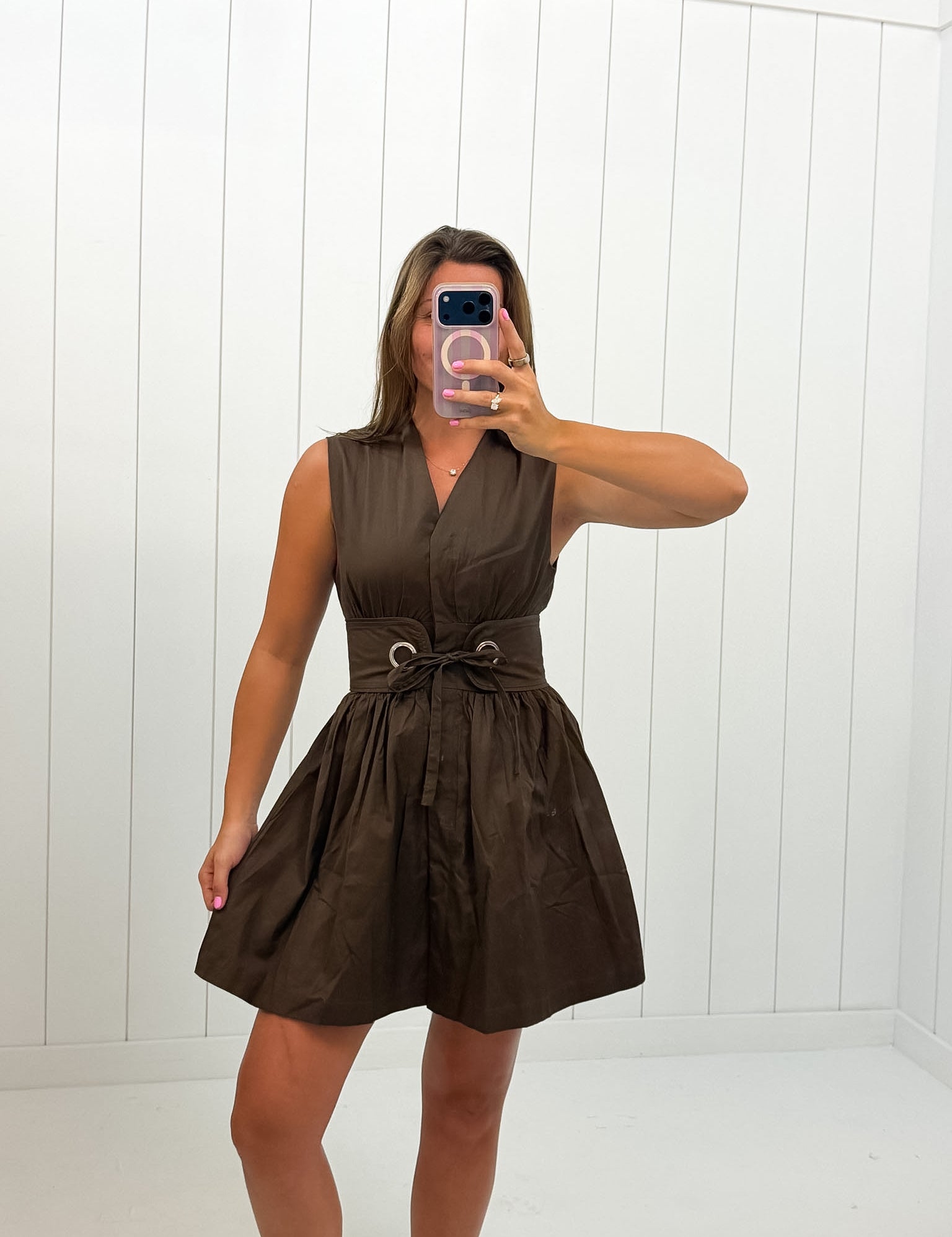 Brown Fit & Flare Belt Mini Dress — v-neck and wide waist tie belt
