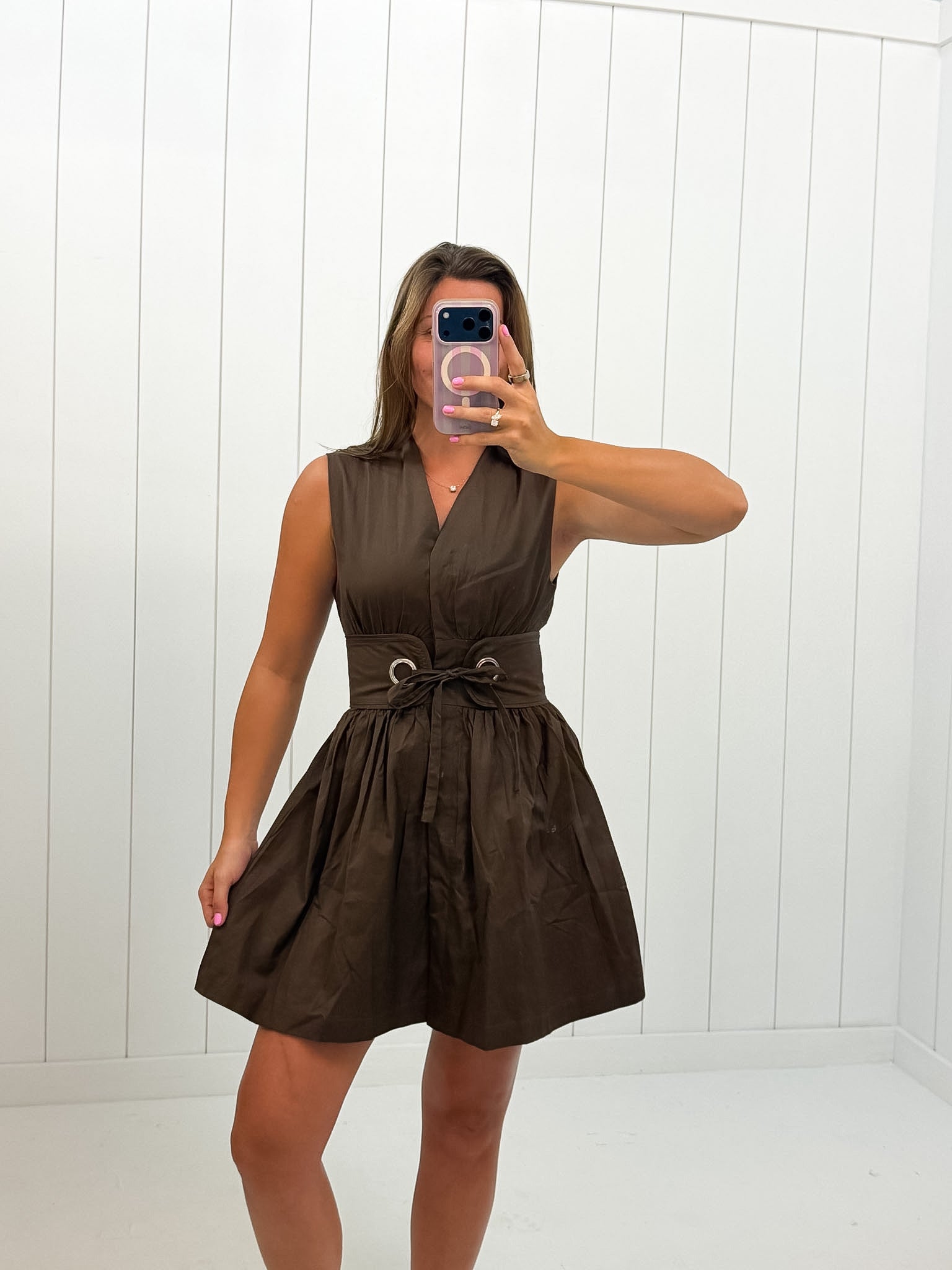 Brown Fit & Flare Belt Mini Dress — v-neck and wide waist tie belt
