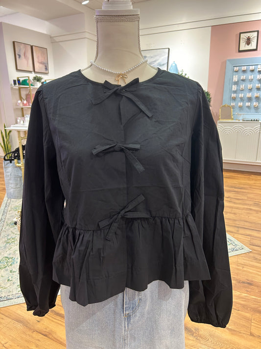 Black Long Sleeve Bow Front Top