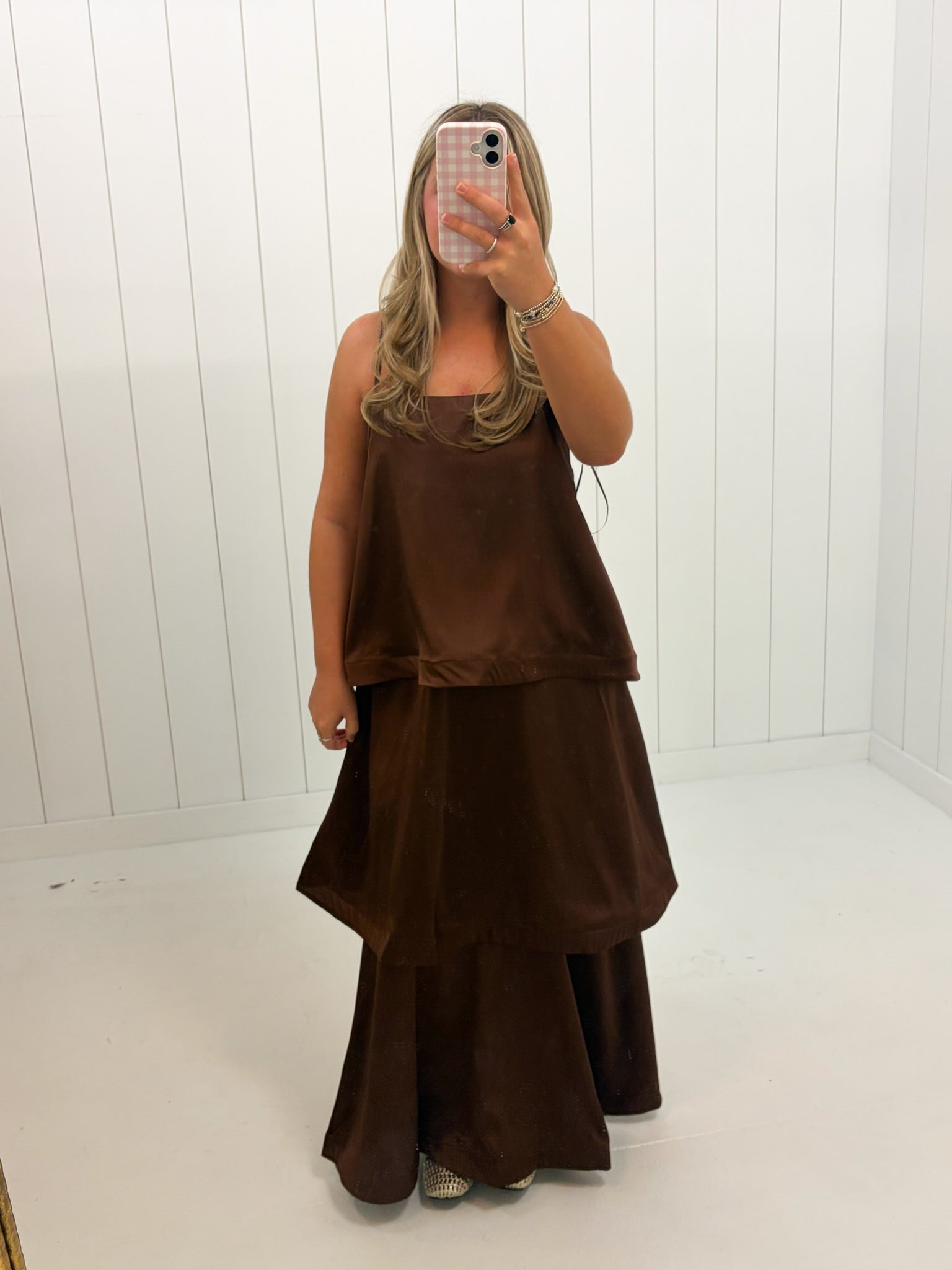 Brown Layered Flowy Maxi Dress at Ninety Nine Boutique