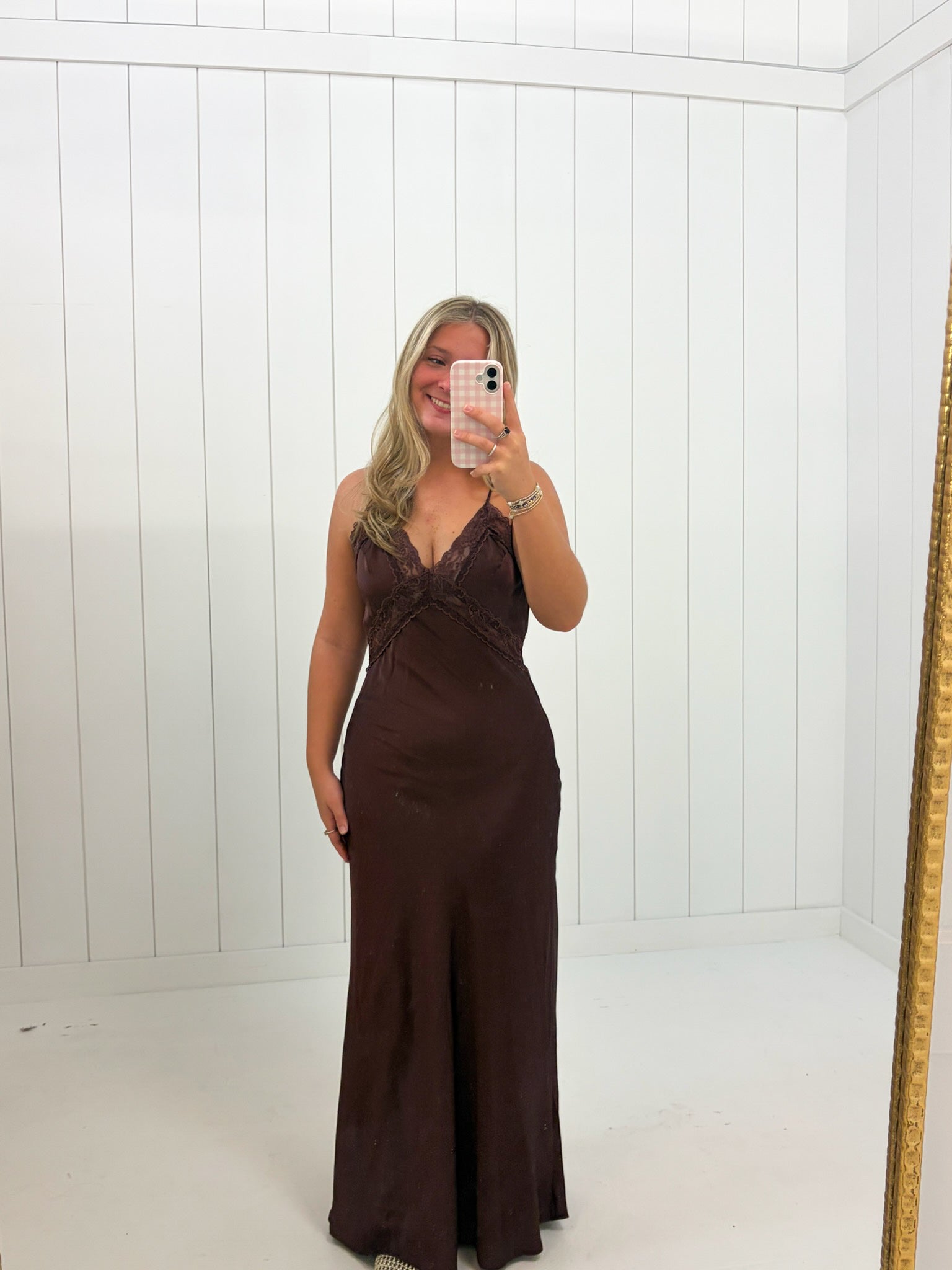 Brown Lace Trim Satin Maxi Dress at Ninety Nine Boutique