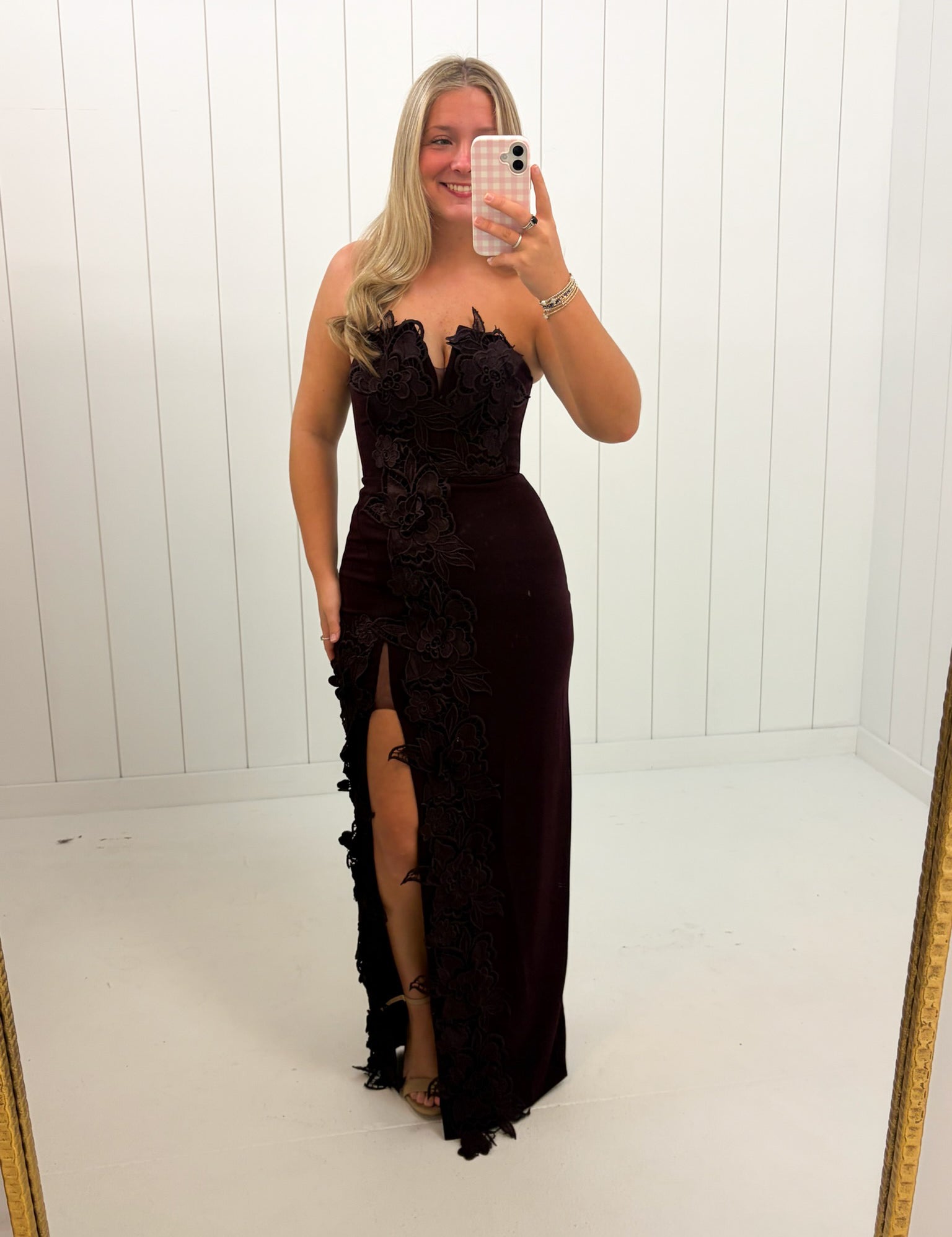 Burgundy Floral Applique Strapless Maxi Dress at Ninety Nine Boutique, view 2