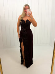 Burgundy Floral Applique Strapless Maxi Dress at Ninety Nine Boutique, view 2