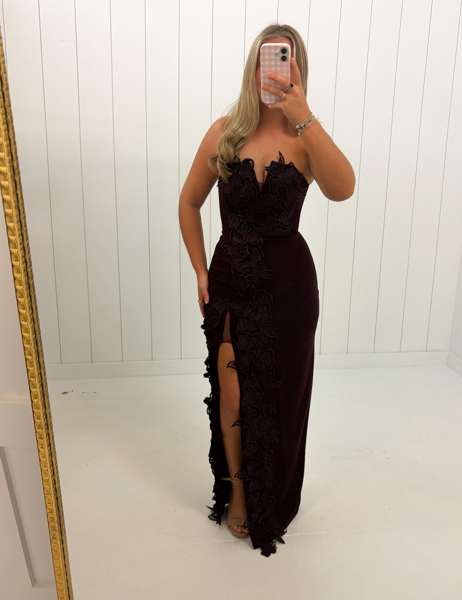 Burgundy Floral Applique Strapless Maxi Dress at Ninety Nine Boutique