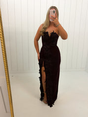 Burgundy Floral Applique Strapless Maxi Dress at Ninety Nine Boutique