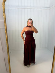 Burgundy Strapless Corset Maxi Dress at Ninety Nine Boutique