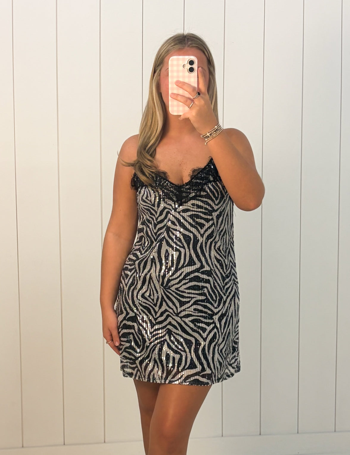 Black Zebra Sequin Lace Trim Mini Dress at Ninety Nine Boutique