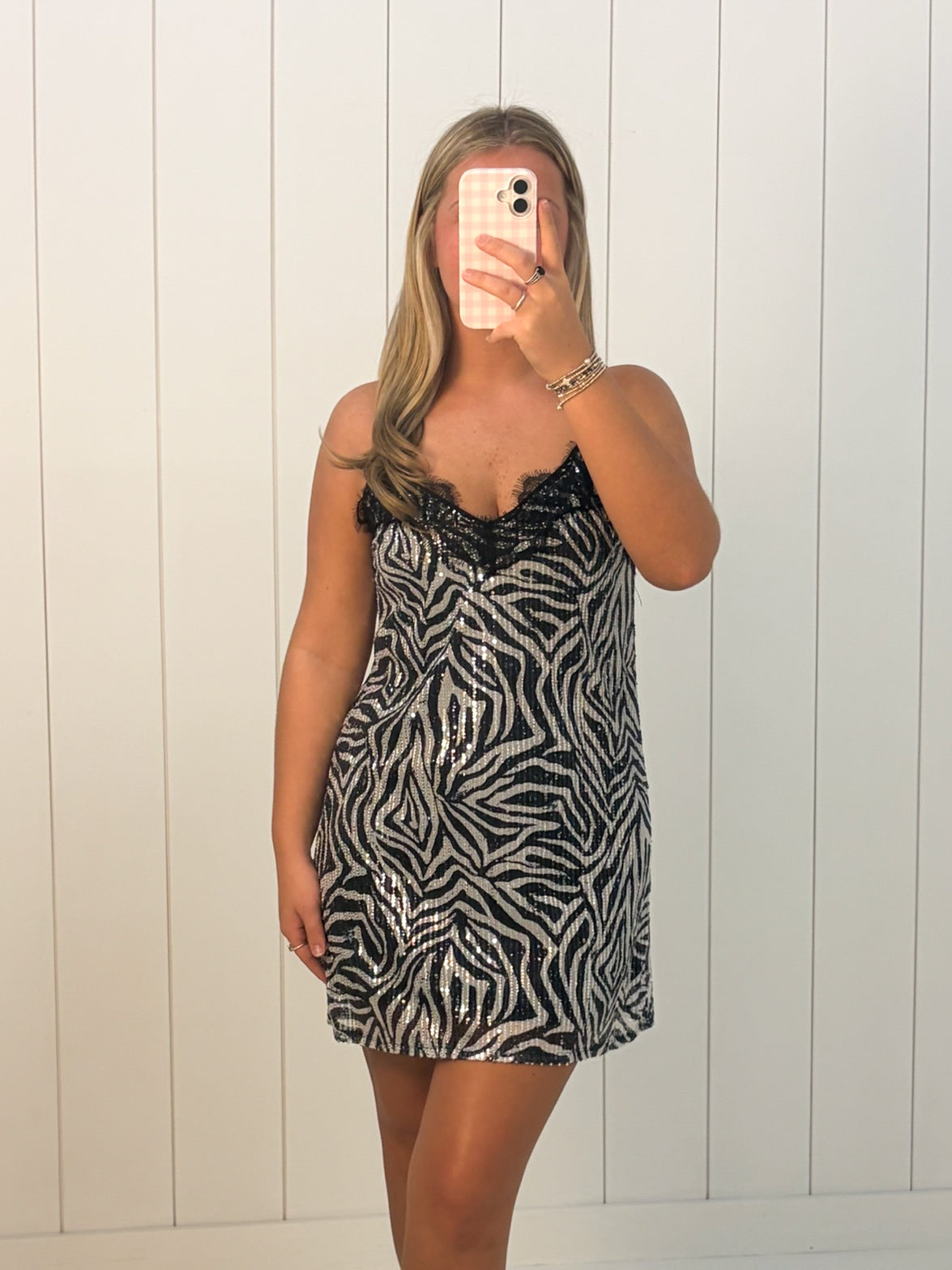 Black Zebra Sequin Lace Trim Mini Dress at Ninety Nine Boutique