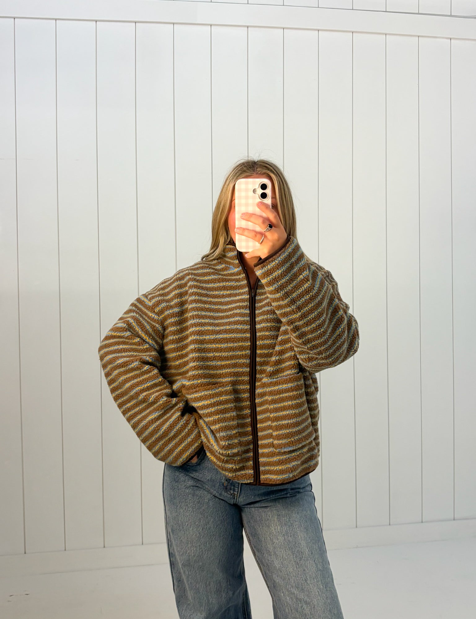 Blue Striped Fleece Zip Up Jacket at Ninety Nine Boutique