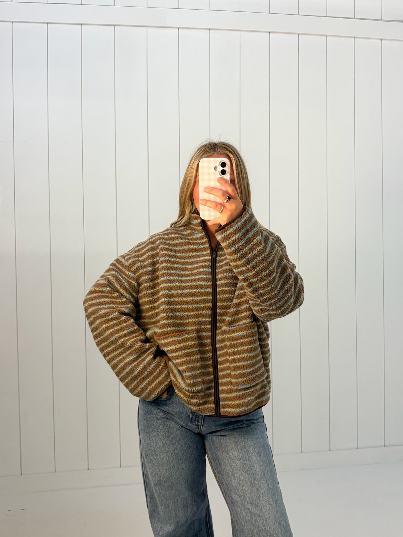 Blue Striped Fleece Zip Up Jacket at Ninety Nine Boutique