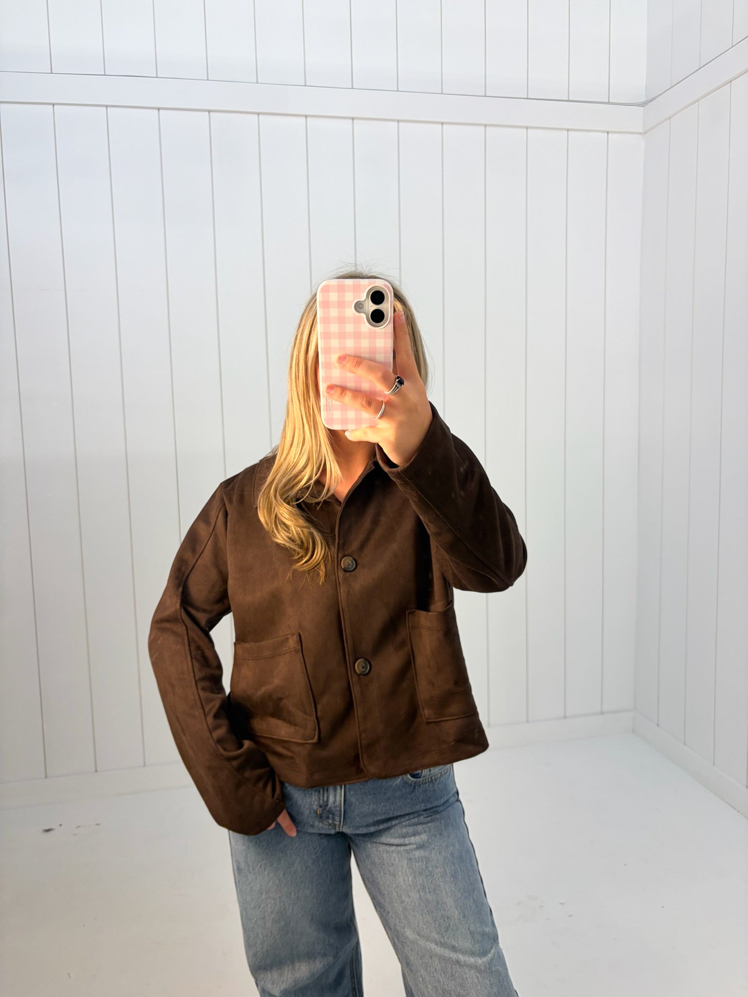 Brown Cropped Faux Suede Jacket at Ninety Nine Boutique