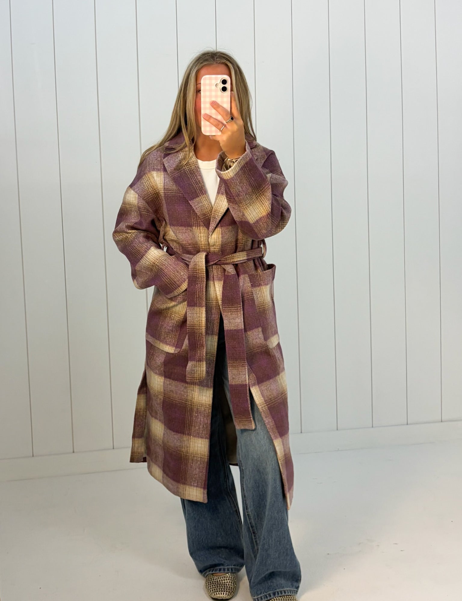 Lavender Plaid Belted Long Coat at Ninety Nine Boutique