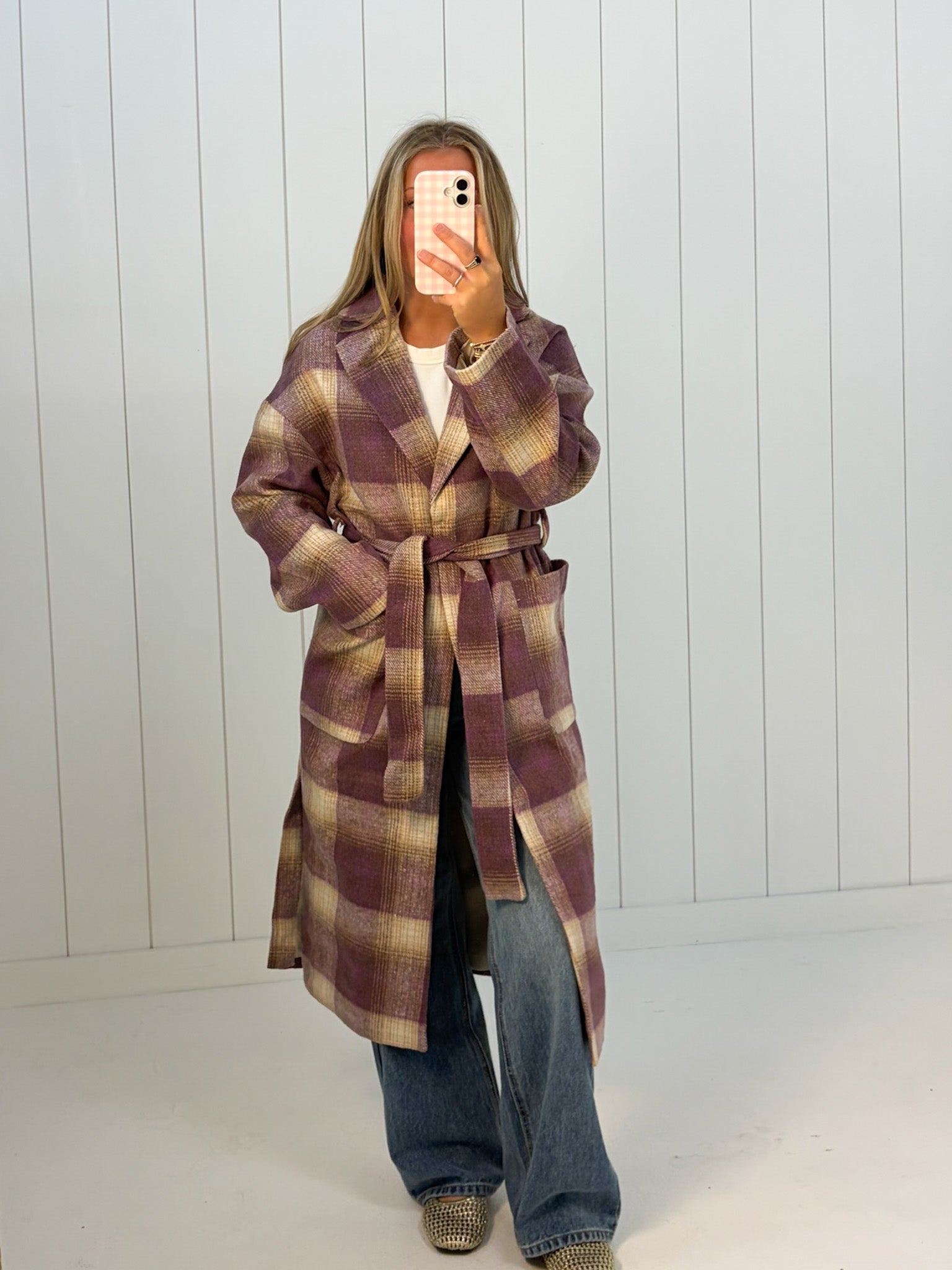 Lavender Plaid Belted Long Coat at Ninety Nine Boutique