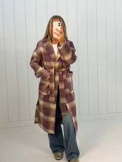 Lavender Plaid Belted Long Coat at Ninety Nine Boutique