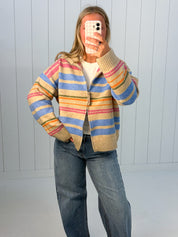 Cream Striped Mock Neck Zip Up Cardigan