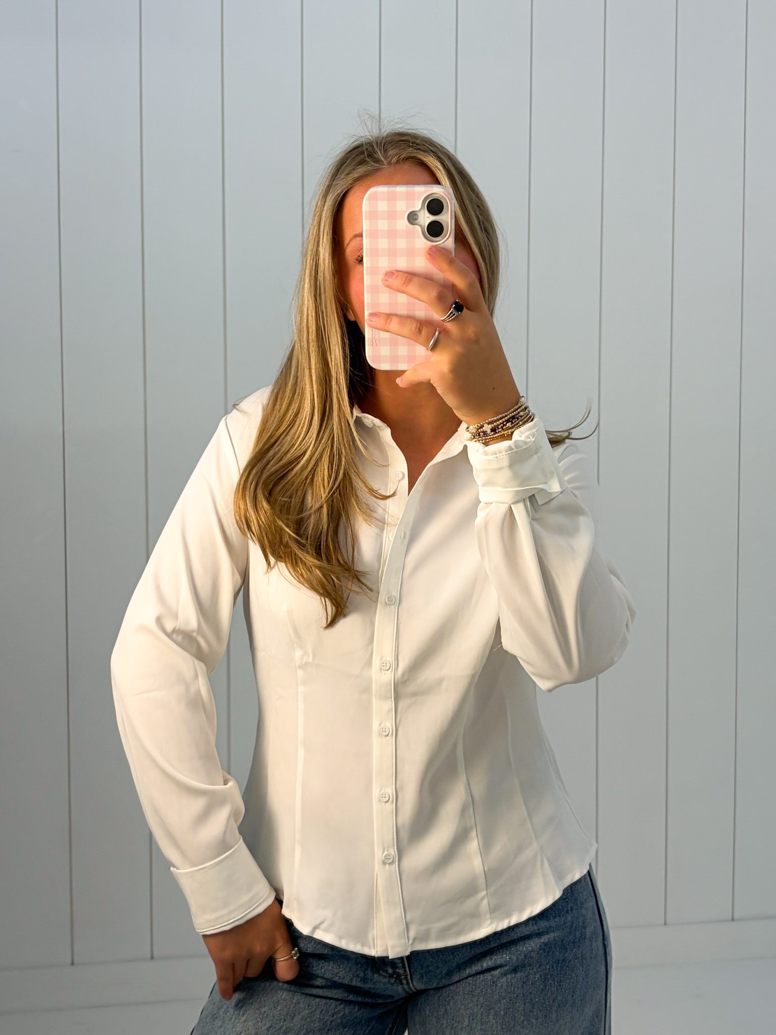 White Button-up Blouse at Ninety Nine Boutique