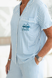 Blue Striped Faith Pajama Set at Ninety Nine Boutique