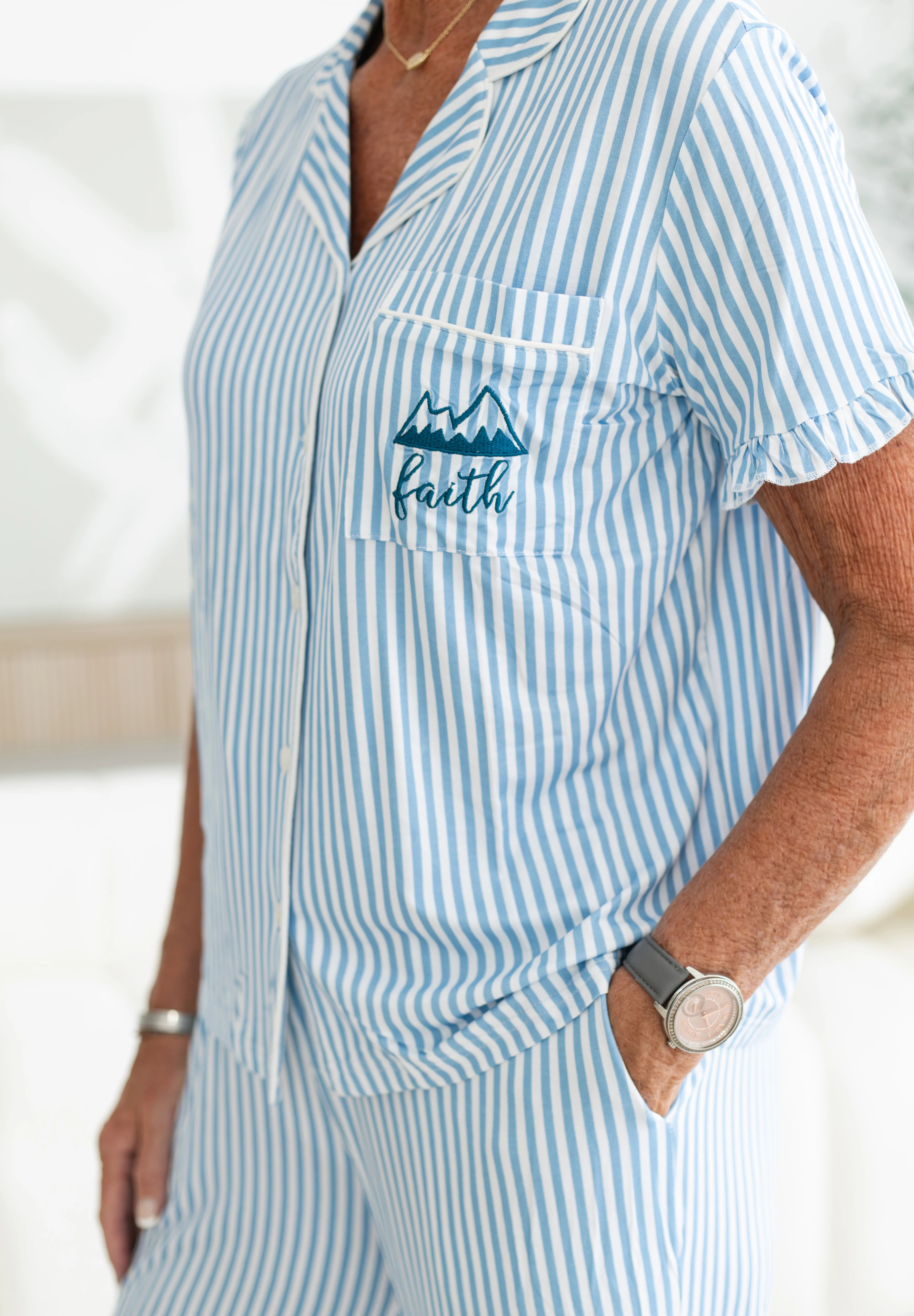 Blue Striped Faith Pajama Set at Ninety Nine Boutique