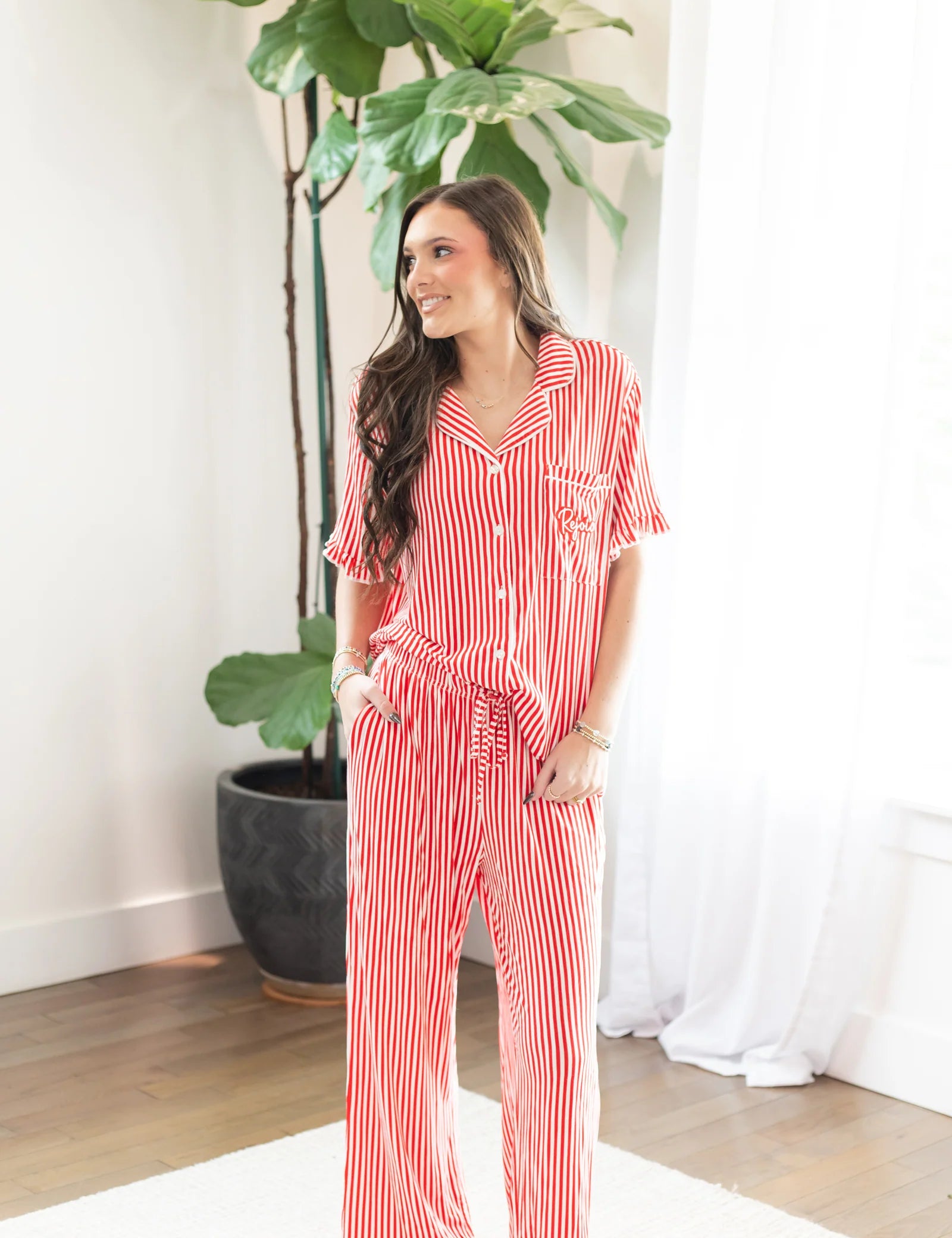Womens Red Striped Pajama Set at Ninety Nine Boutique
