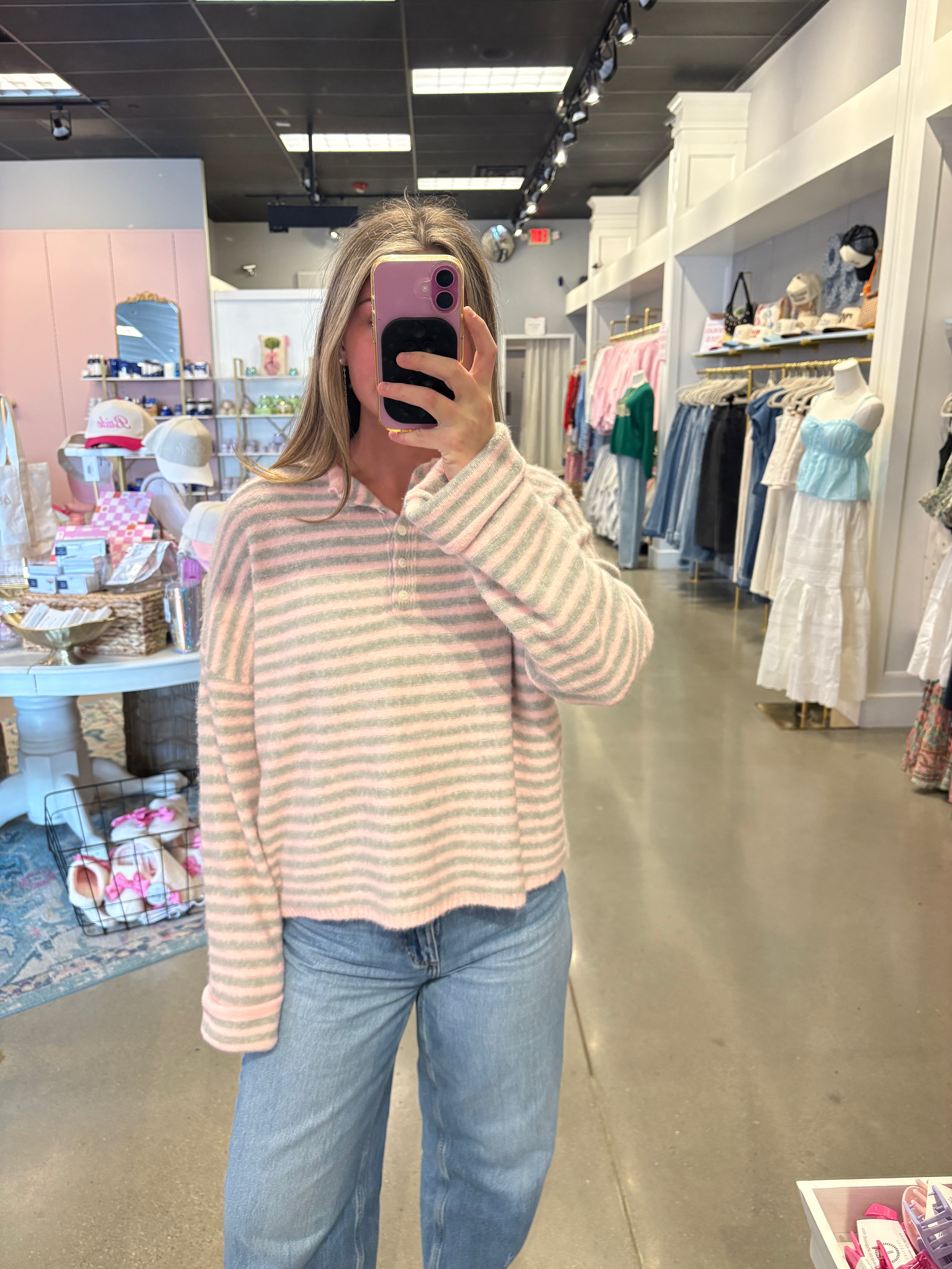 Pink Striped Henley Knit Sweater