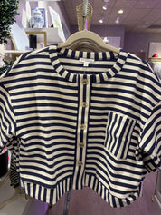 Navy Stripe Button Down Top — button down and stripe pattern
