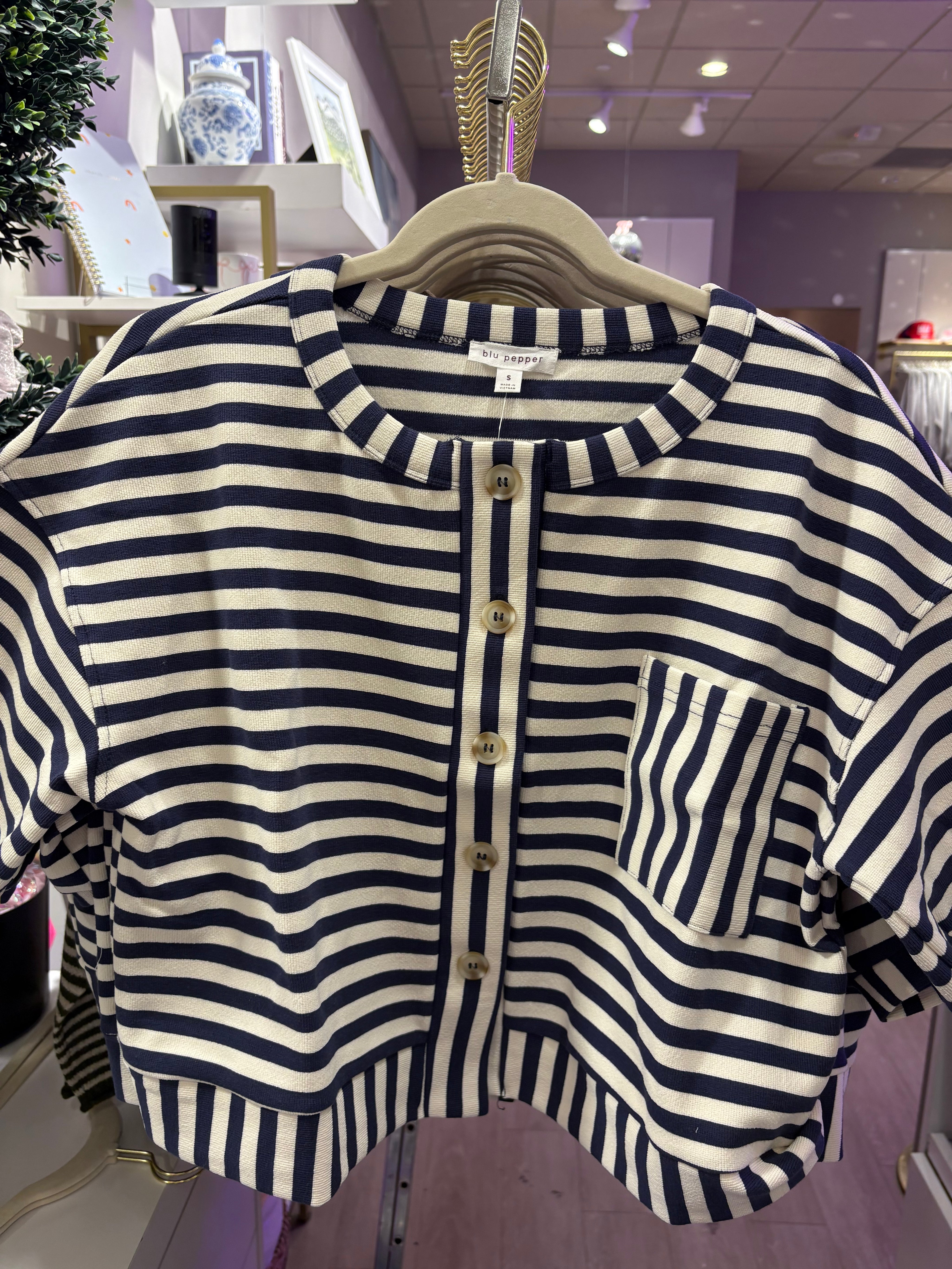 Navy Stripe Button Down Top — button down and stripe pattern