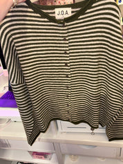 Green Striped Drop Shoulder Knit Cardigan — button down and short sleeve