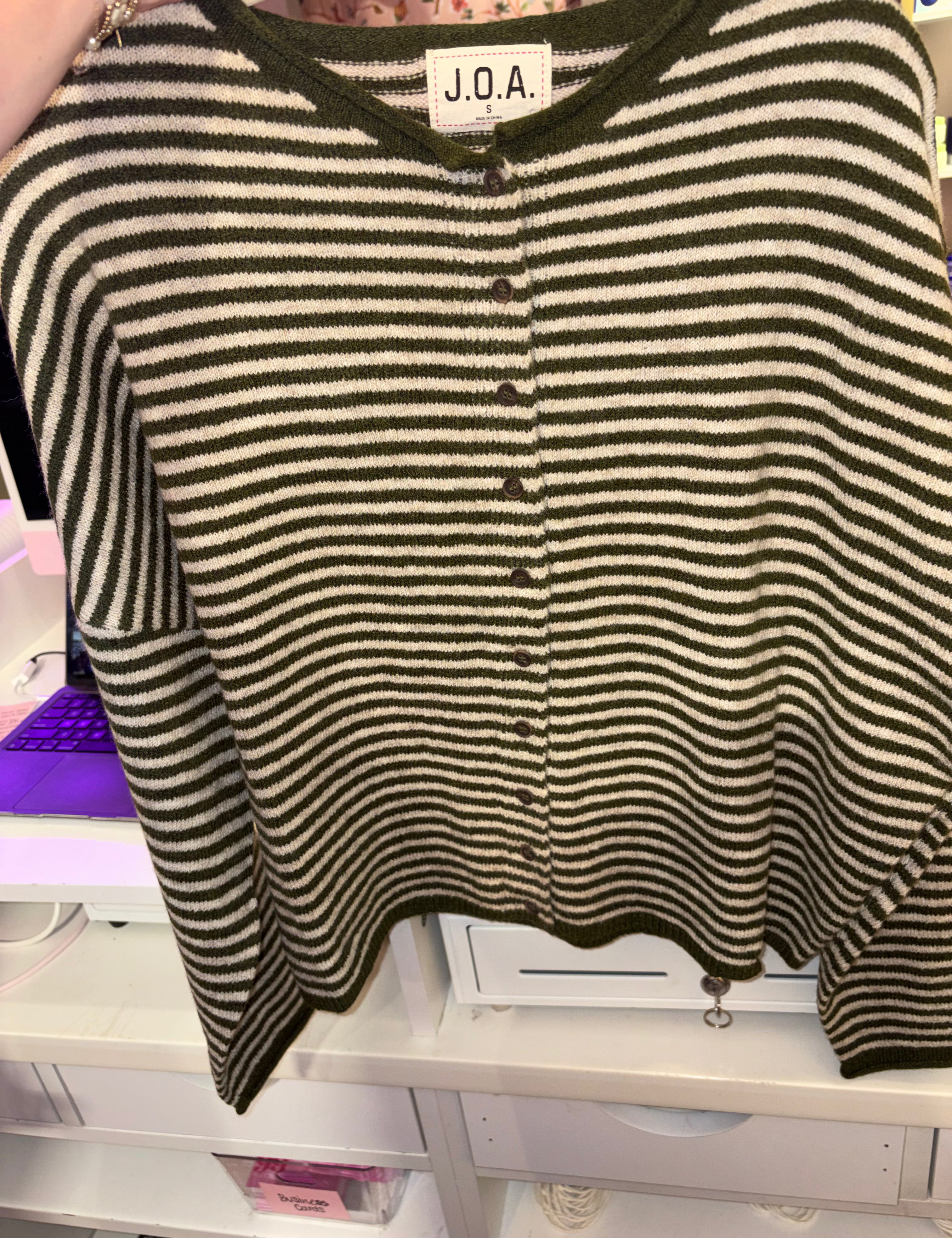 Green Striped Drop Shoulder Knit Cardigan — button down and short sleeve