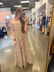 Brown Stripe Strapless Dress