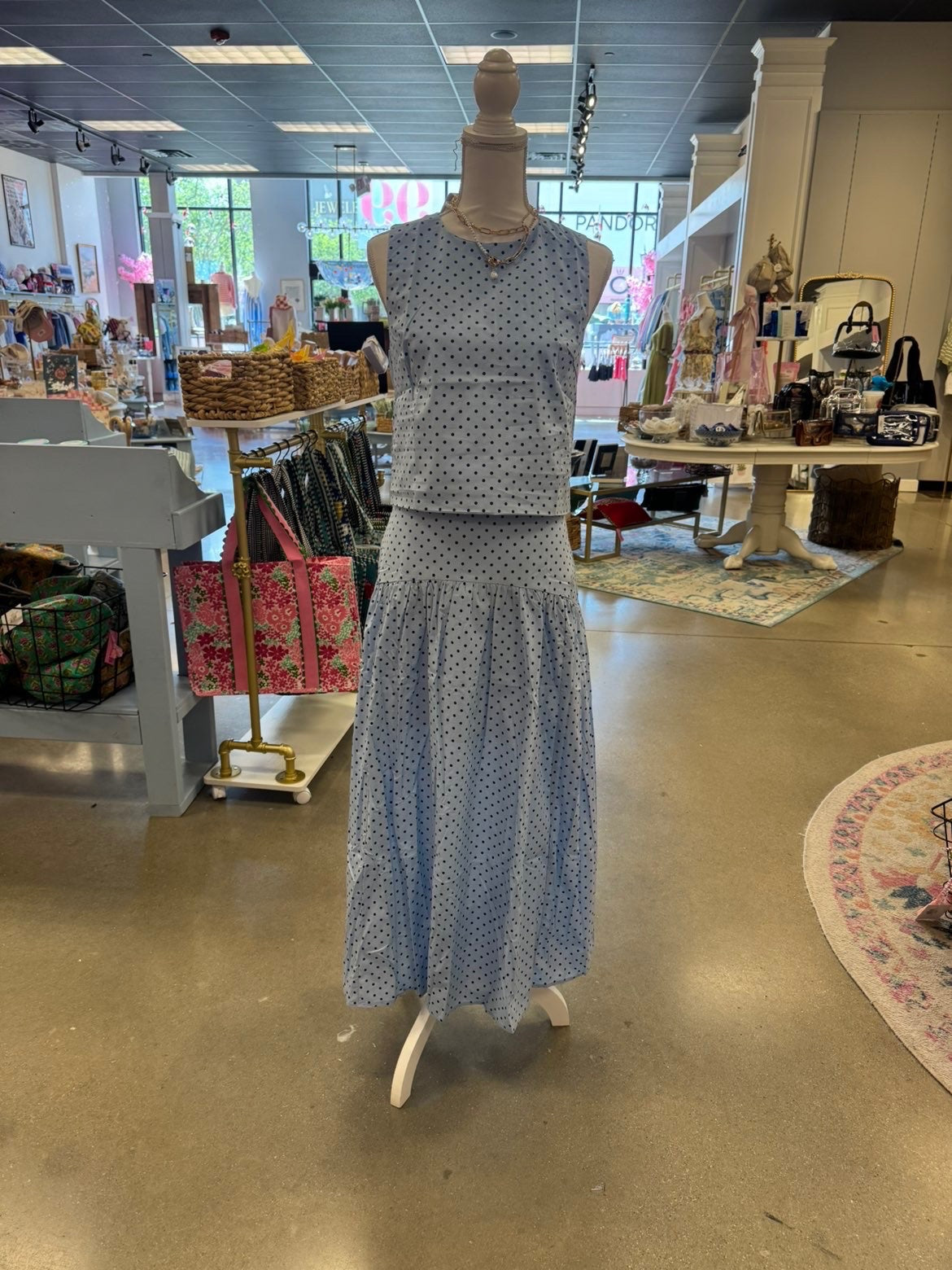 Blue Polka Dot Top And Skirt Set