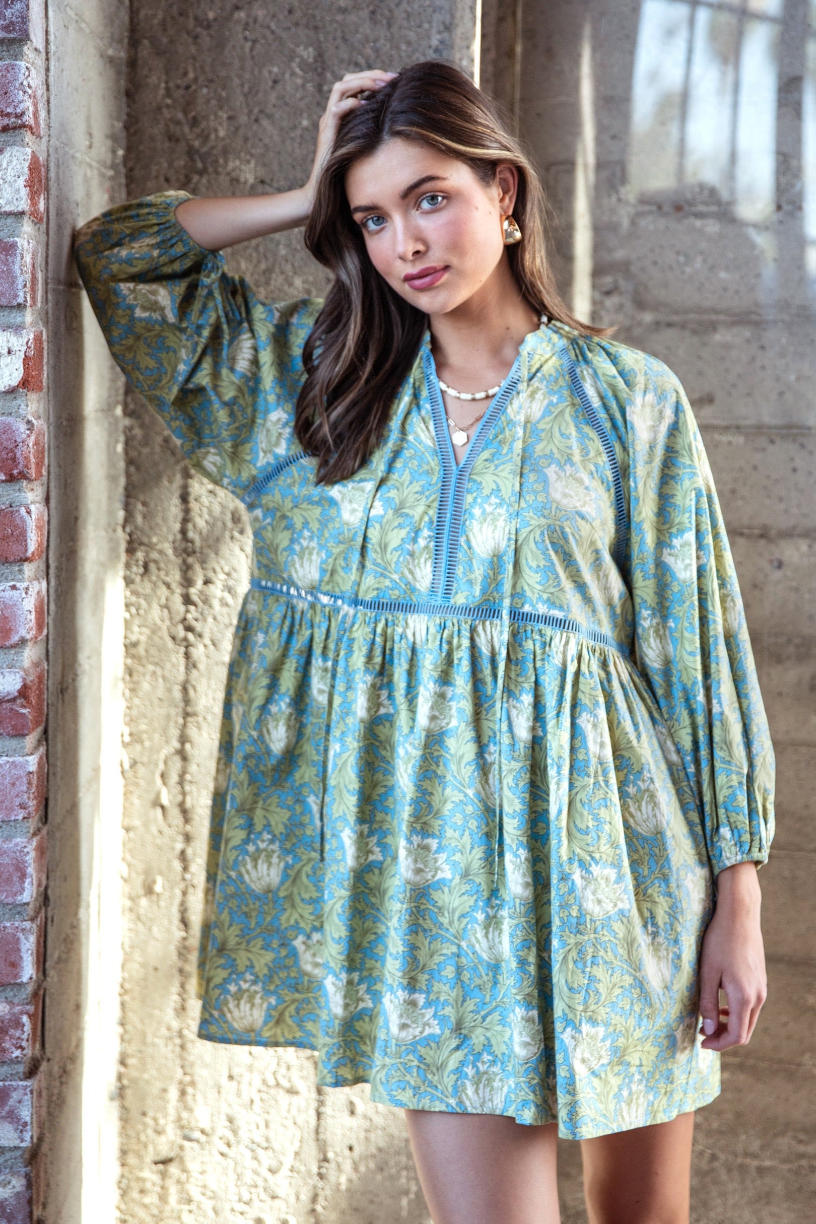 Blue Printed Babydoll Dress