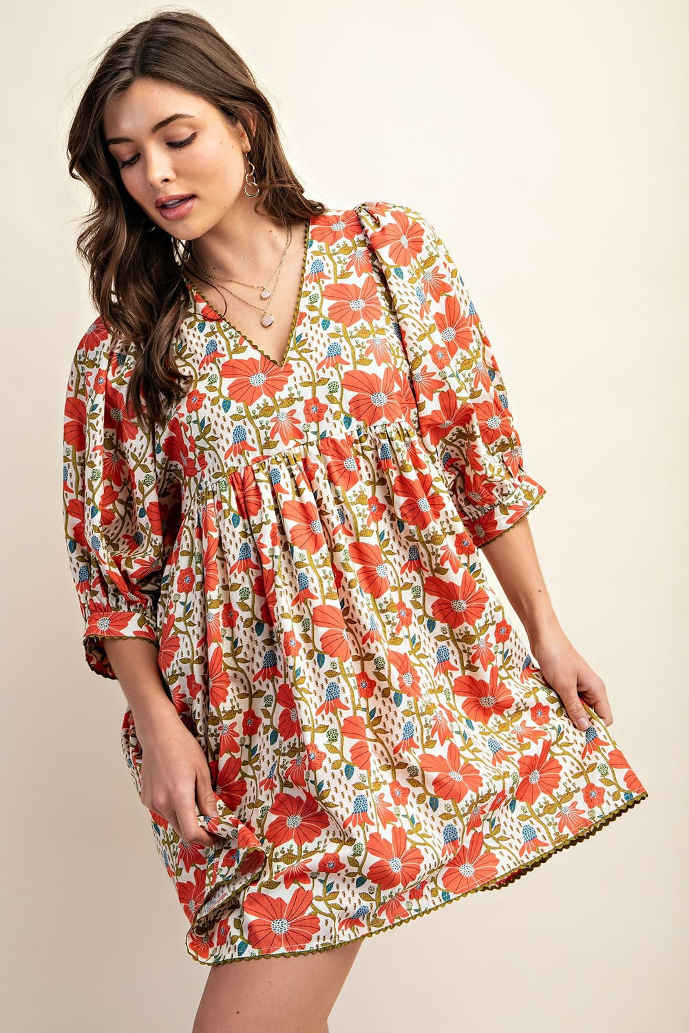 Orange & Cream Floral Print Dress